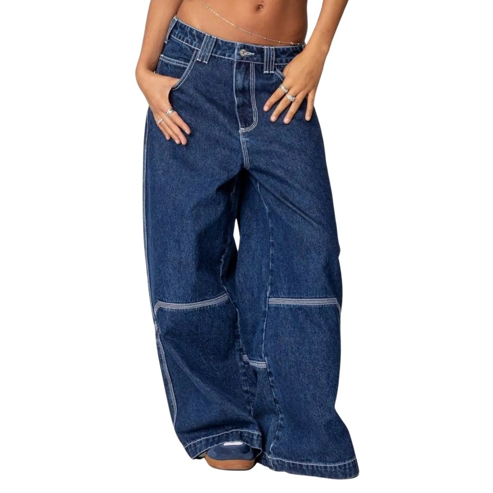 Edikted Jeans Womens Large Super Wide Leg Contrast Stitch Low Rise Baggy NWT